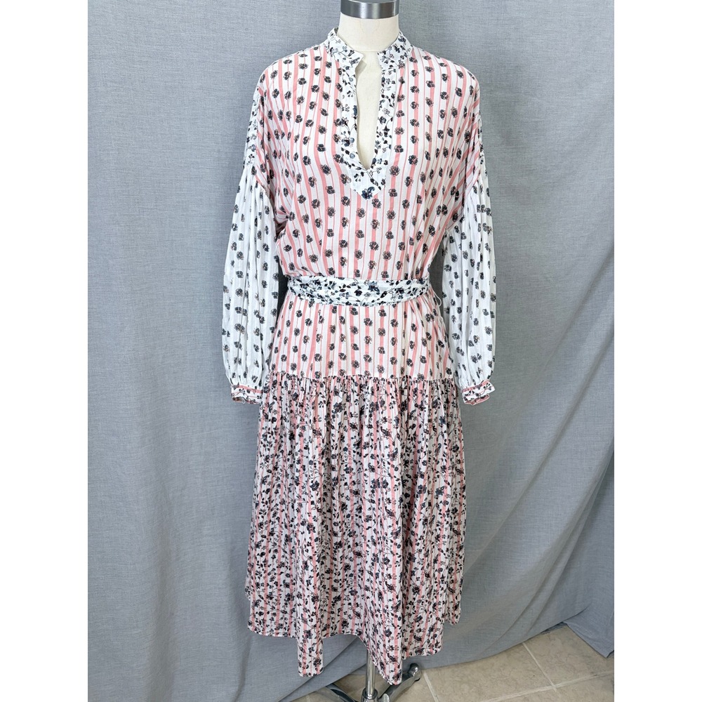 Ulla Johnson Pink Floral Striped Mixed Print Midi Dress Small Sash Boho Resort‎
